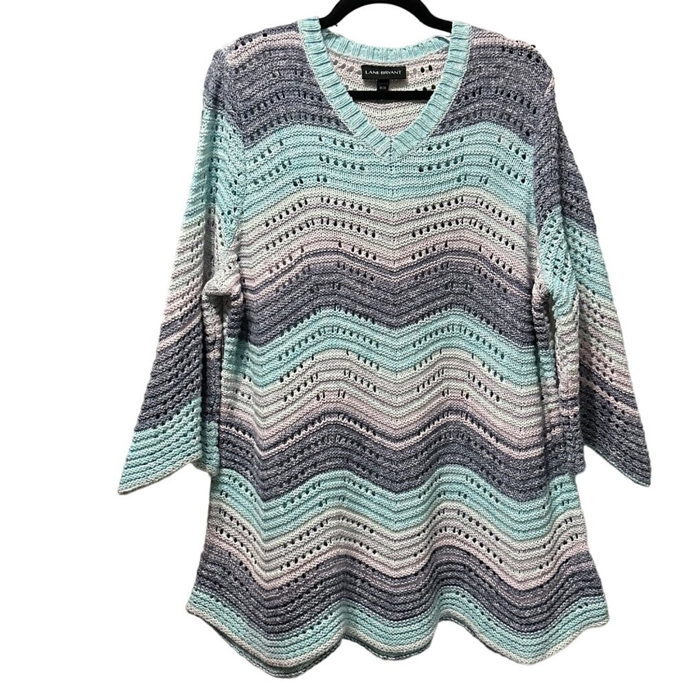 Lane Bryant sz18/20 super purple aqua open knit zig zag 3/4 sleeve tunic sweater